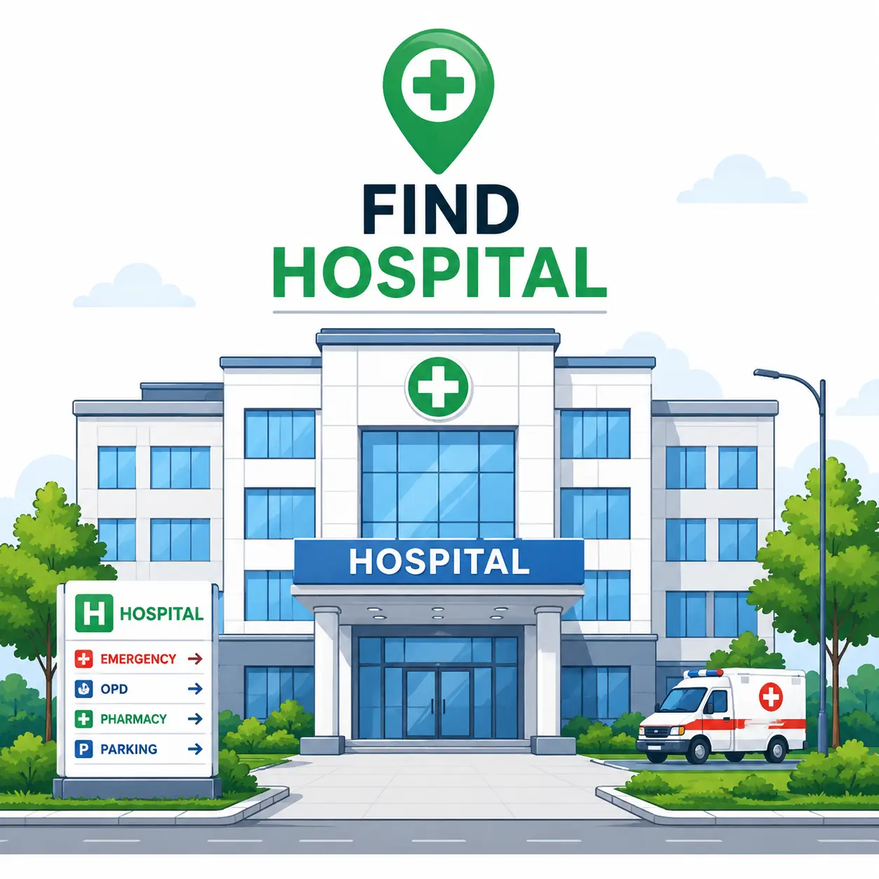 Illustrated hospital building with emergency and pharmacy signage